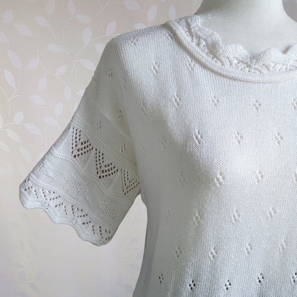 Vintage 60s College Point Pointelle Sweater Top Scallop Knit Short Sleeve Cream - Picture 5 of 13
